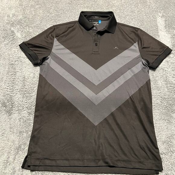 J.Lindeberg Polo Shirt Mens Medium Ace Regular Fit TX Jacquard Black Gray Golf - Picture 1 of 8